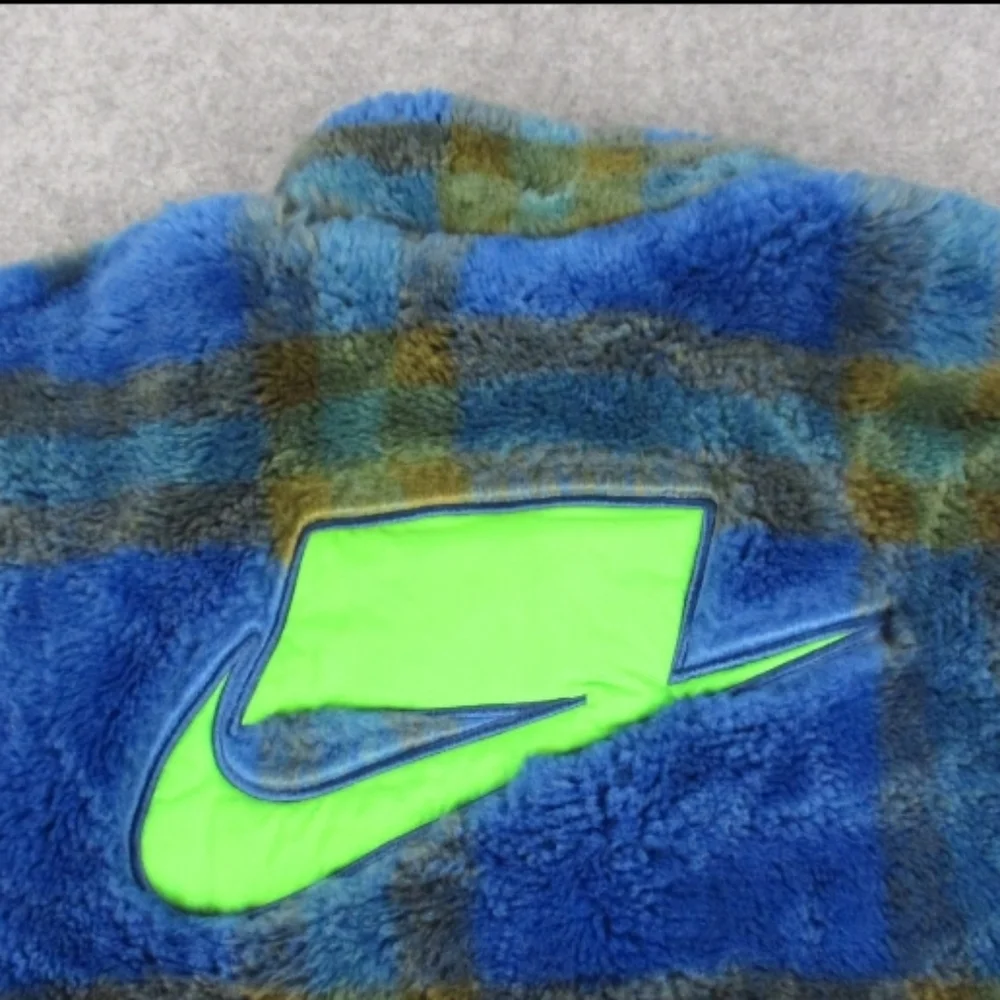 Blue & Green Oversized Faux Fur Plaid Button Front Pea Coat - Picture 14 of 16